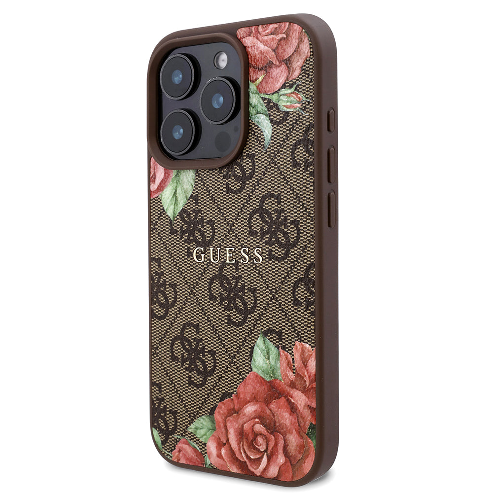 Apple iPhone 16 Pro Max Kılıf Guess Magsafe Uyumlu Gül Baskılı ve 4G Desenli Kapak Kahverengi