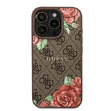 Apple iPhone 16 Pro Kılıf Guess Magsafe Uyumlu Gül Baskılı ve 4G Desenli Kapak Kahverengi