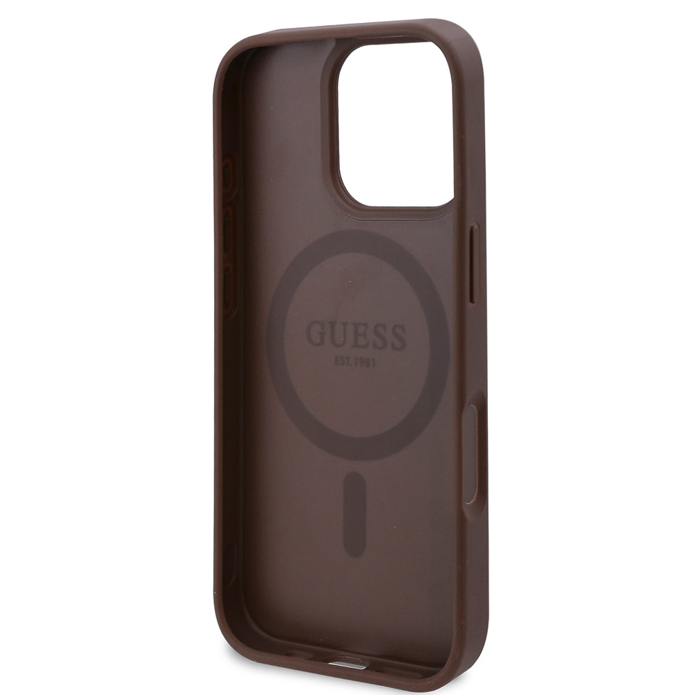 Apple iPhone 16 Pro Kılıf Guess Magsafe Uyumlu Gül Baskılı ve 4G Desenli Kapak Kahverengi