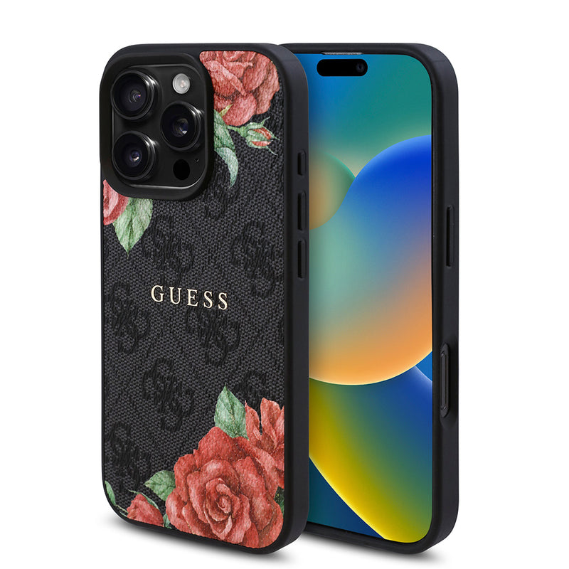 Apple iPhone 16 Pro Max Kılıf Guess Magsafe Uyumlu Gül Baskılı ve 4G Desenli Kapak Siyah
