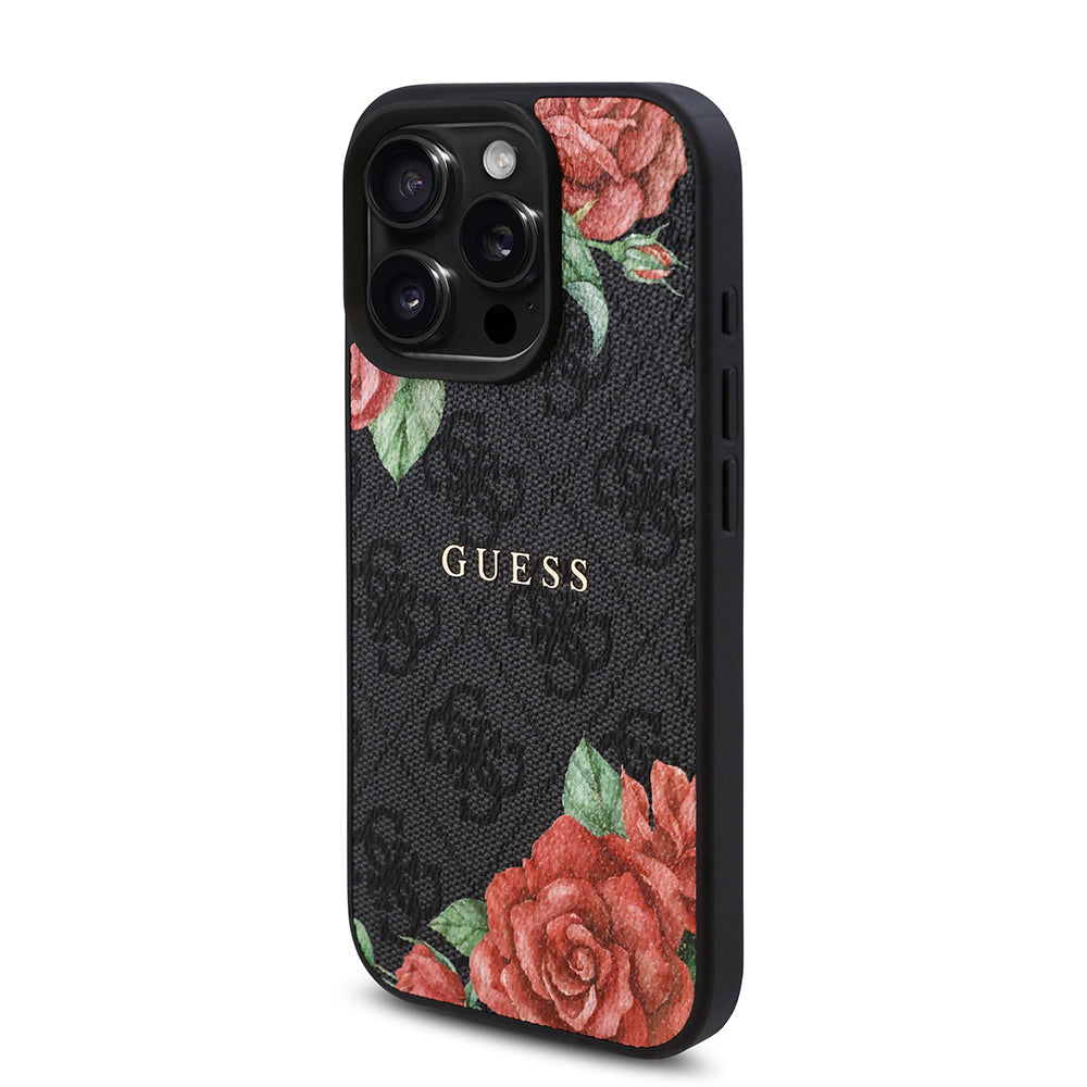 Apple iPhone 16 Pro Max Kılıf Guess Magsafe Uyumlu Gül Baskılı ve 4G Desenli Kapak Siyah