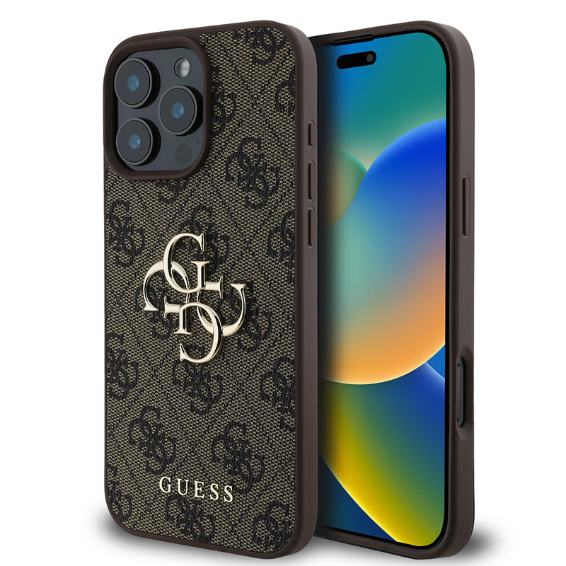 Apple iPhone 16 Pro Max Kılıf Guess PU Deri 4G Desenli Metal Büyük 4G ve Yazı Logolu Kapak Kahverengi