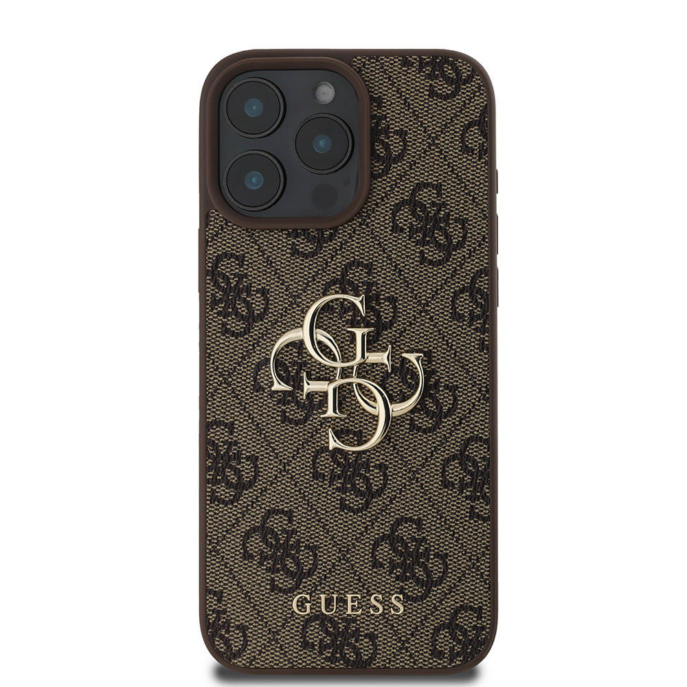 Apple iPhone 16 Pro Max Kılıf Guess PU Deri 4G Desenli Metal Büyük 4G ve Yazı Logolu Kapak Kahverengi