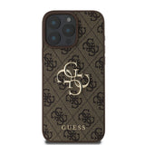 Apple iPhone 16 Pro Max Kılıf Guess PU Deri 4G Desenli Metal Büyük 4G ve Yazı Logolu Kapak Kahverengi