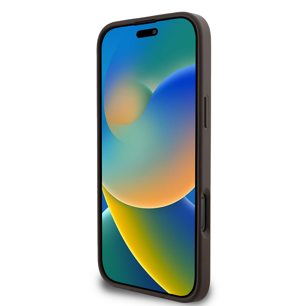 Apple iPhone 16 Pro Max Kılıf Guess PU Deri 4G Desenli Metal Büyük 4G ve Yazı Logolu Kapak Kahverengi