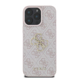 Apple iPhone 16 Pro Max Kılıf Guess PU Deri 4G Desenli Metal Büyük 4G ve Yazı Logolu Kapak Pembe