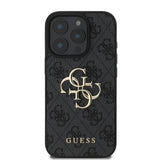 Apple iPhone 16 Pro Max Kılıf Guess PU Deri 4G Desenli Metal Büyük 4G ve Yazı Logolu Kapak Siyah