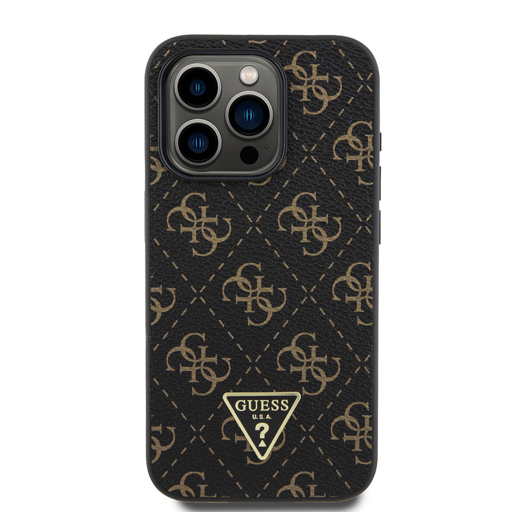 Apple iPhone 16 Pro Max Kılıf Guess PU Deri 4G Desenli Üçgen Logolu Kapak Siyah
