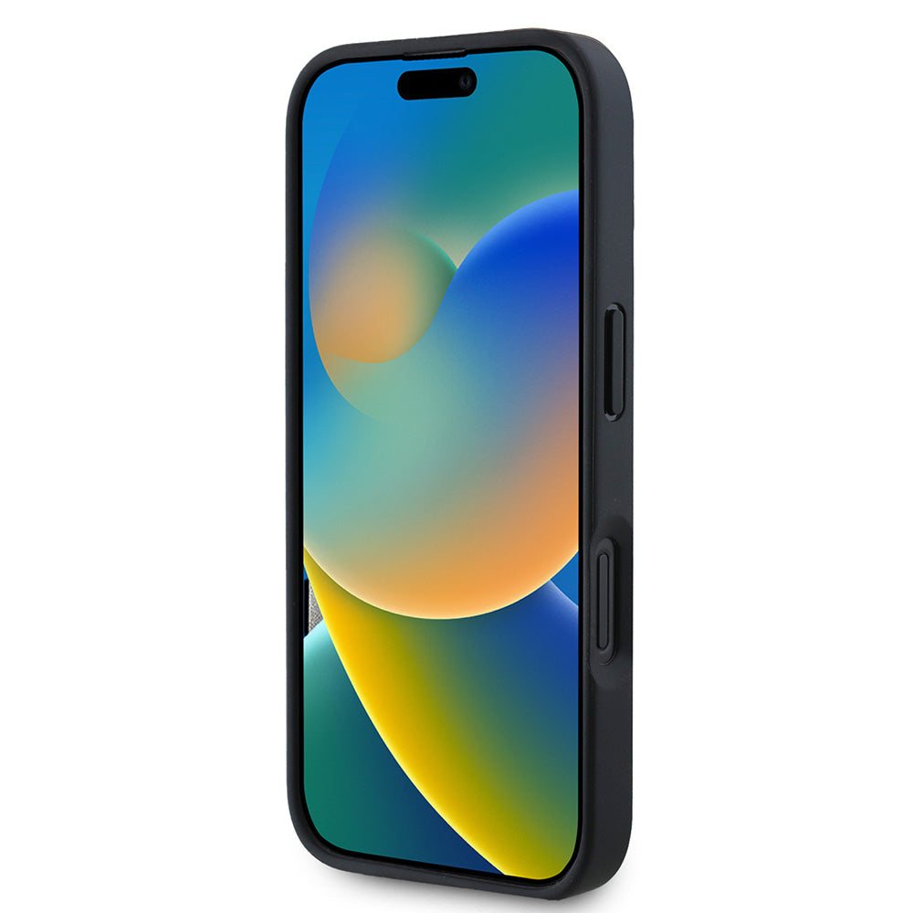 Apple iPhone 16 Pro Max Kılıf Guess PU Deri 4G Desenli Üçgen Logolu Kapak Siyah