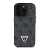 Apple iPhone 16 Pro Max Kılıf Guess PU Deri Taşlı Metal Üçgen Logolu Çapraz Vücut Askılı 4G Desenli Kapak Siyah