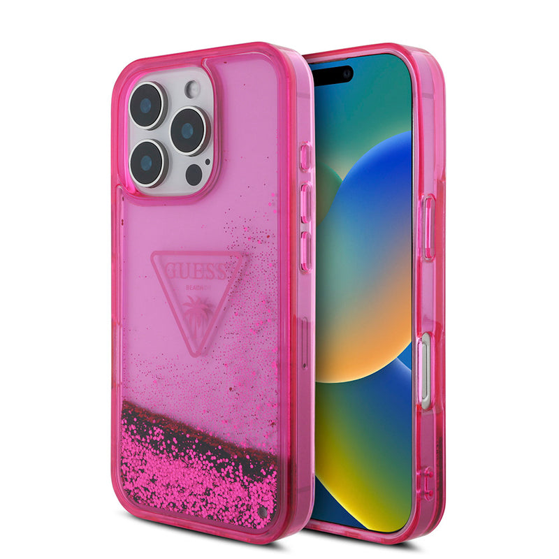 Apple iPhone 16 Pro Max Kılıf Guess Transparan Sıvılı Simli Dizayn Kapak Pembe