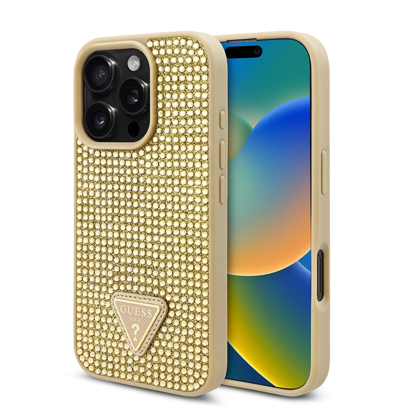 Apple iPhone 16 Pro Kılıf Guess Üçgen Logolu Rhinestone Taşlı Kapak Gold
