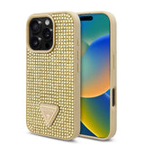 Apple iPhone 16 Pro Kılıf Guess Üçgen Logolu Rhinestone Taşlı Kapak Gold