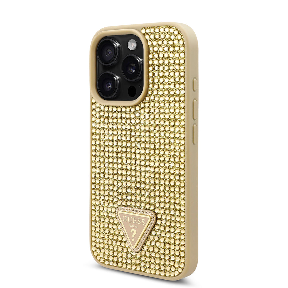 Apple iPhone 16 Pro Max Kılıf Guess Üçgen Logolu Rhinestone Taşlı Kapak Gold
