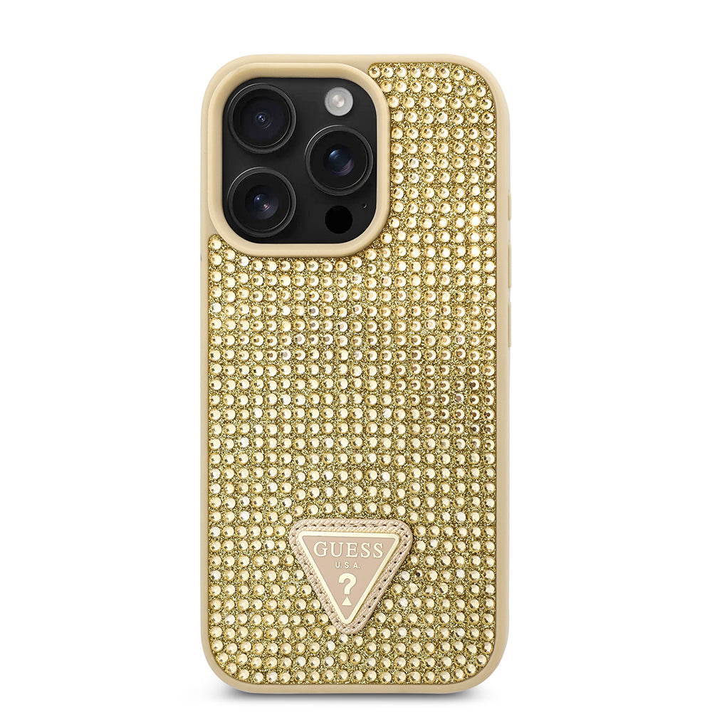 Apple iPhone 16 Pro Max Kılıf Guess Üçgen Logolu Rhinestone Taşlı Kapak Gold