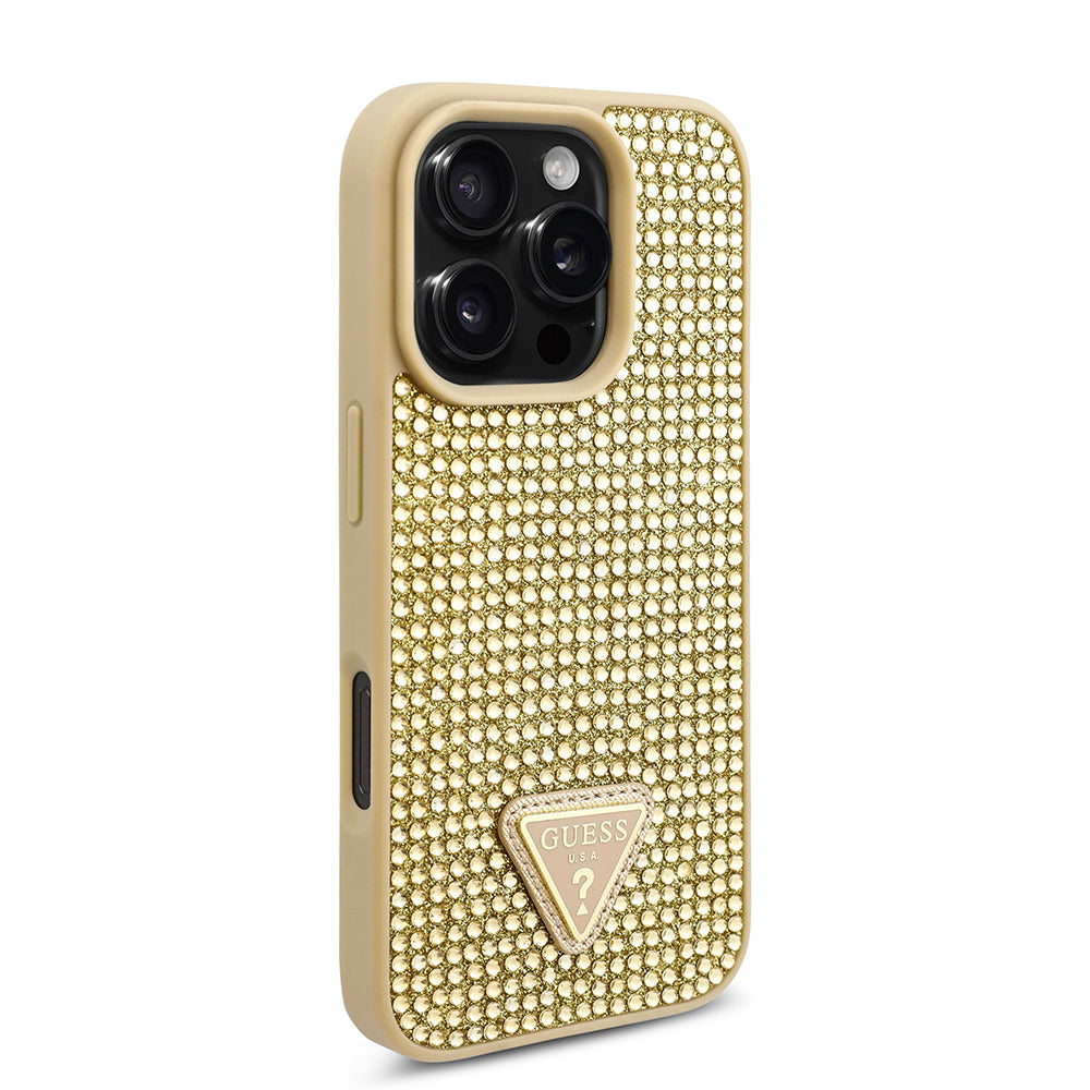 Apple iPhone 16 Pro Max Kılıf Guess Üçgen Logolu Rhinestone Taşlı Kapak Gold