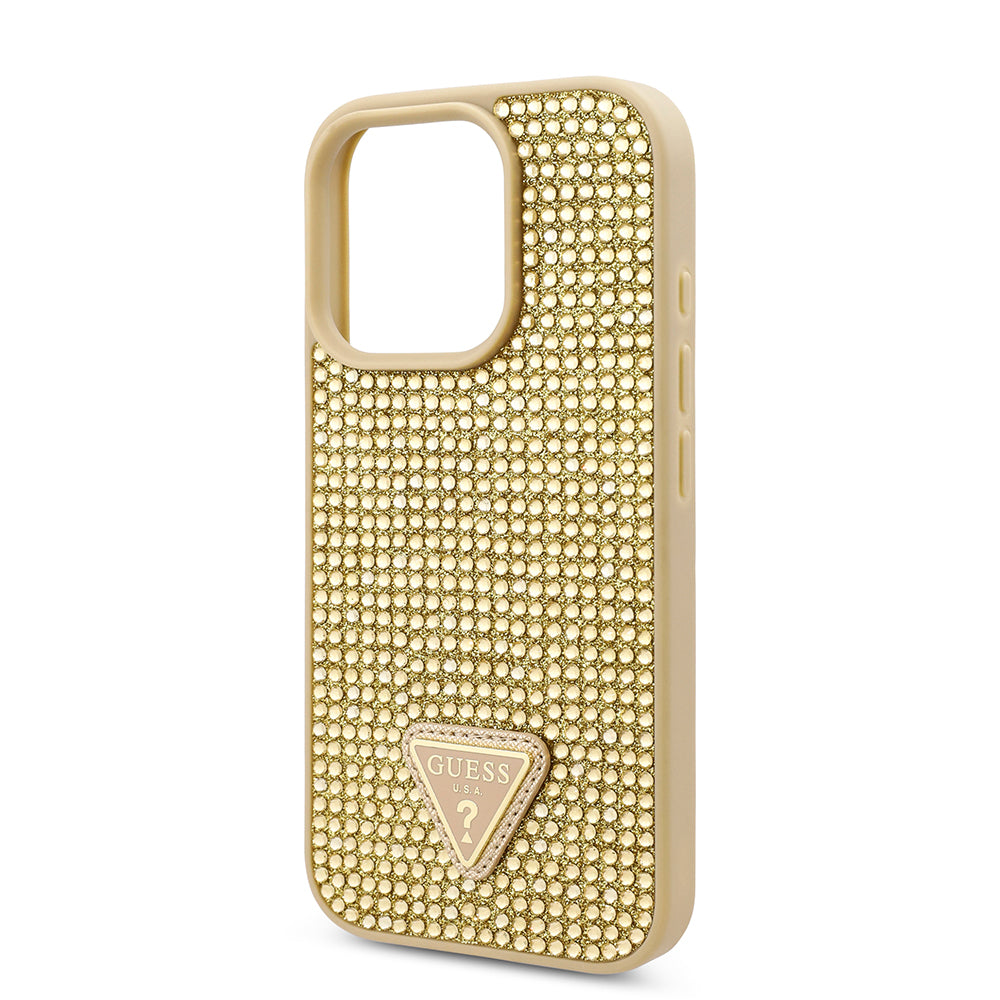 Apple iPhone 16 Pro Max Kılıf Guess Üçgen Logolu Rhinestone Taşlı Kapak Gold