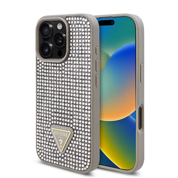 Apple iPhone 16 Pro Kılıf Guess Üçgen Logolu Rhinestone Taşlı Kapak Gümüş