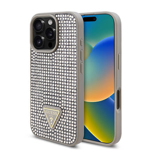 Apple iPhone 16 Pro Kılıf Guess Üçgen Logolu Rhinestone Taşlı Kapak Gümüş