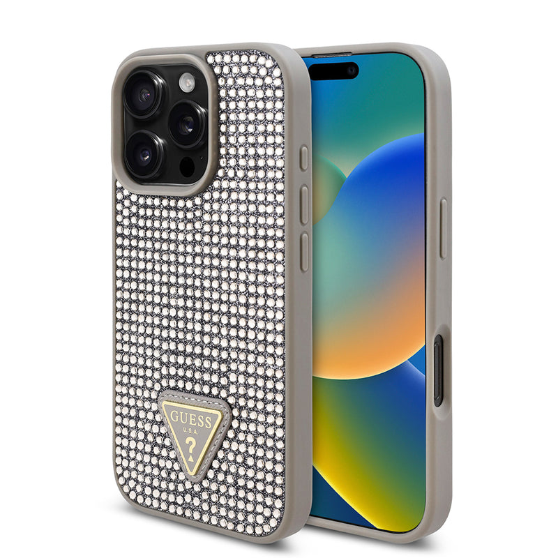 Apple iPhone 16 Pro Kılıf Guess Üçgen Logolu Rhinestone Taşlı Kapak Gümüş