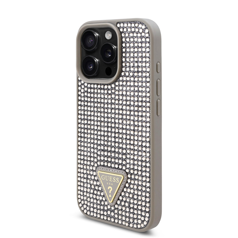 Apple iPhone 16 Pro Kılıf Guess Üçgen Logolu Rhinestone Taşlı Kapak Gümüş