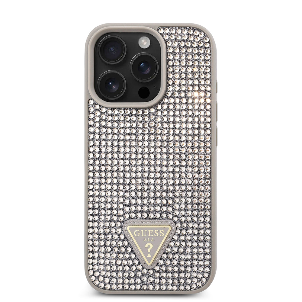Apple iPhone 16 Pro Kılıf Guess Üçgen Logolu Rhinestone Taşlı Kapak Gümüş