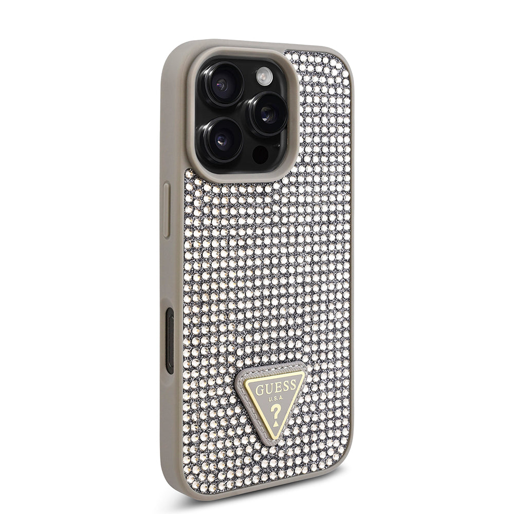 Apple iPhone 16 Pro Kılıf Guess Üçgen Logolu Rhinestone Taşlı Kapak Gümüş