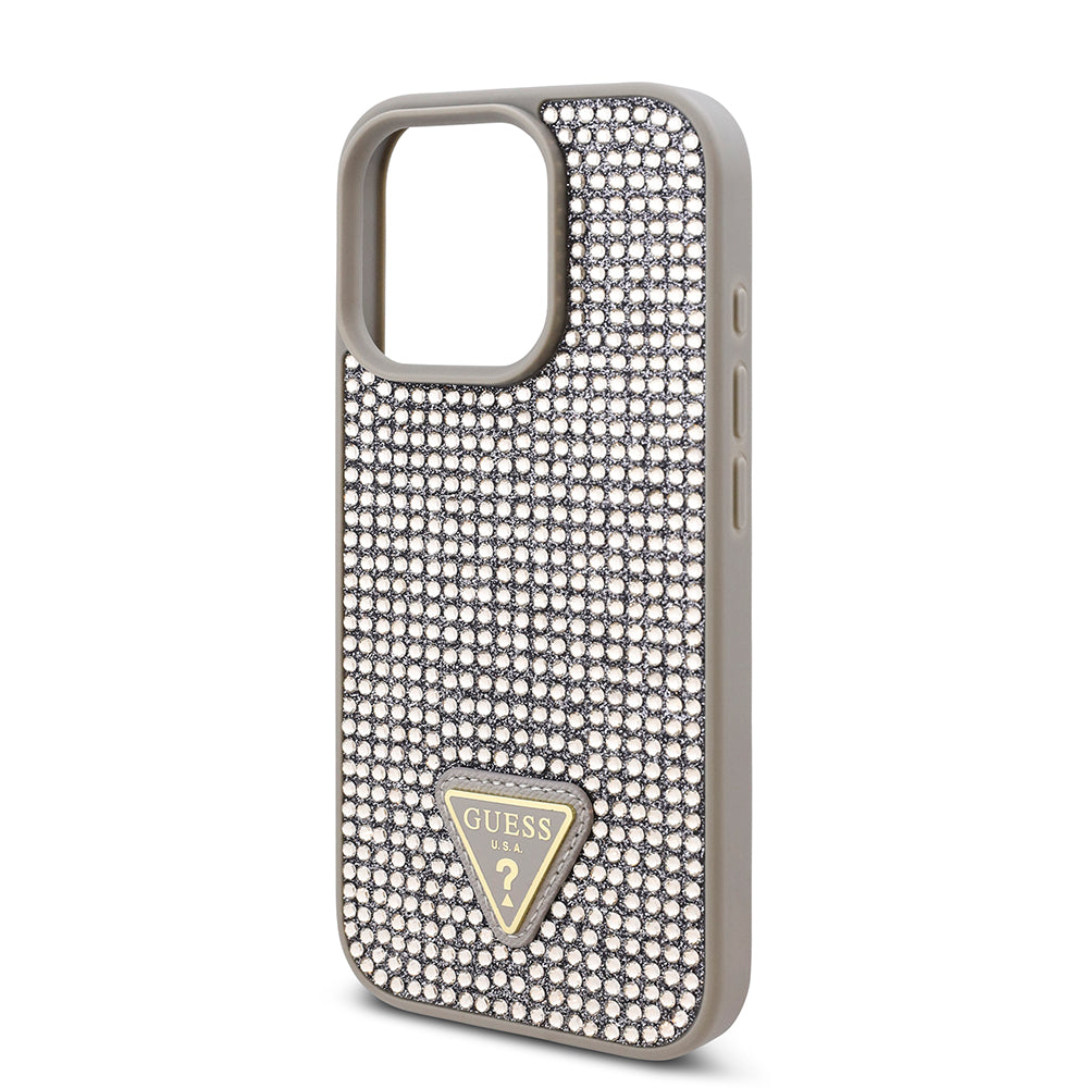 Apple iPhone 16 Pro Kılıf Guess Üçgen Logolu Rhinestone Taşlı Kapak Gümüş