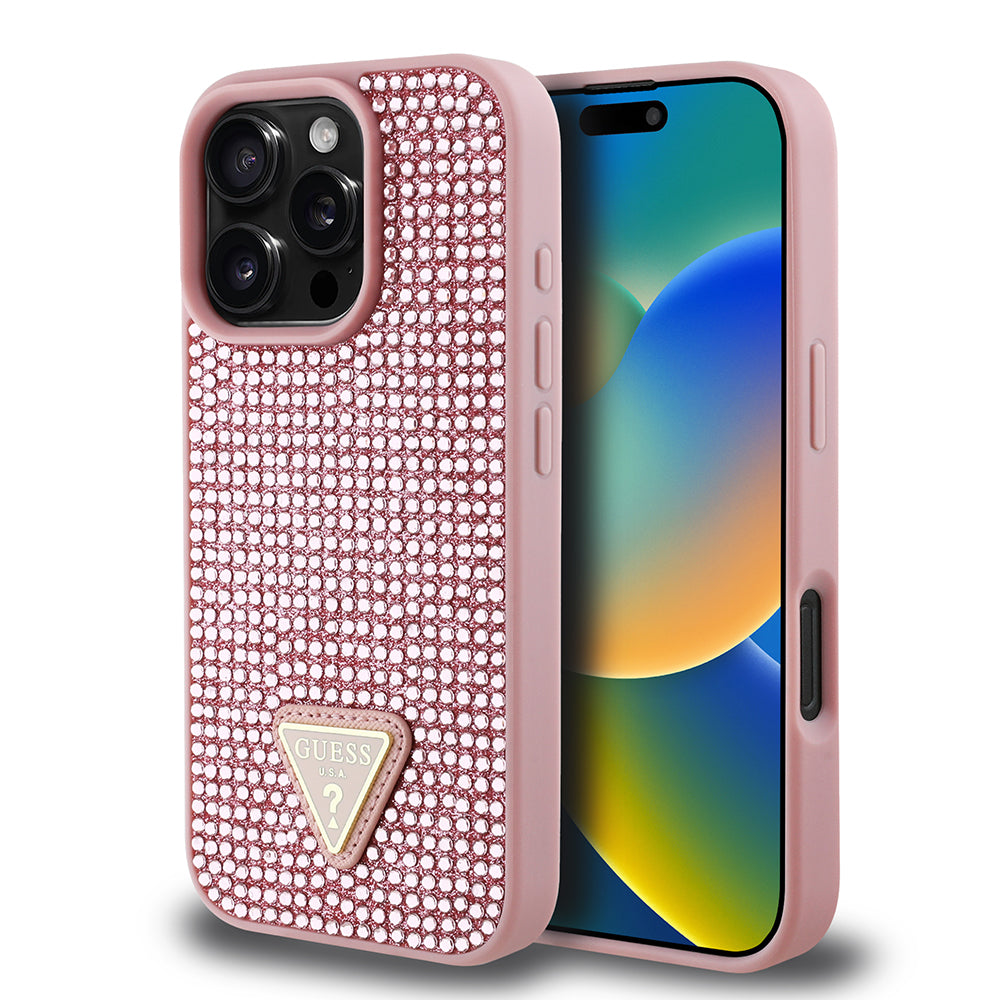 Apple iPhone 16 Pro Kılıf Guess Üçgen Logolu Rhinestone Taşlı Kapak Pembe