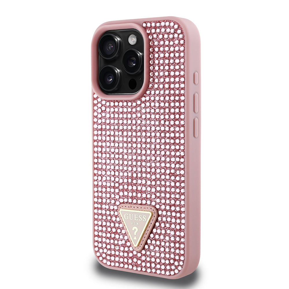 Apple iPhone 16 Pro Kılıf Guess Üçgen Logolu Rhinestone Taşlı Kapak Pembe