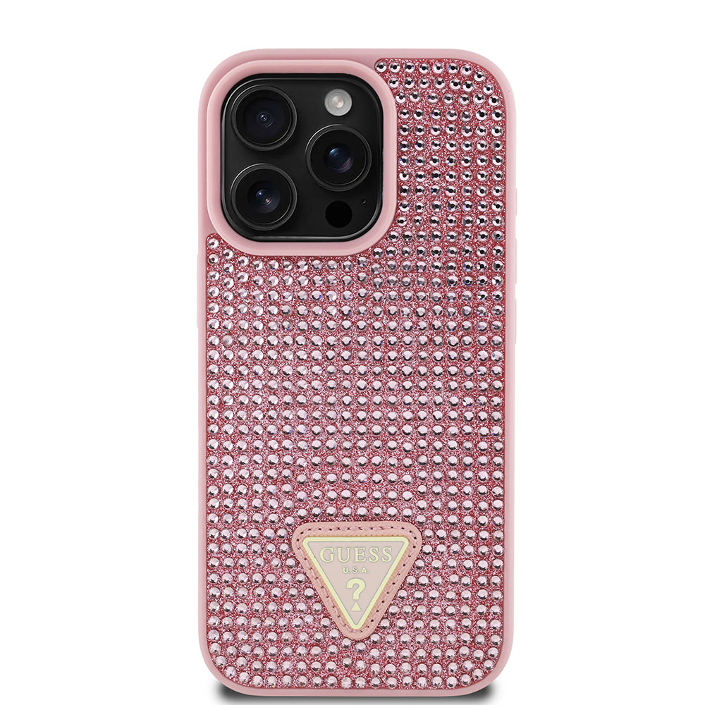 Apple iPhone 16 Pro Kılıf Guess Üçgen Logolu Rhinestone Taşlı Kapak Pembe