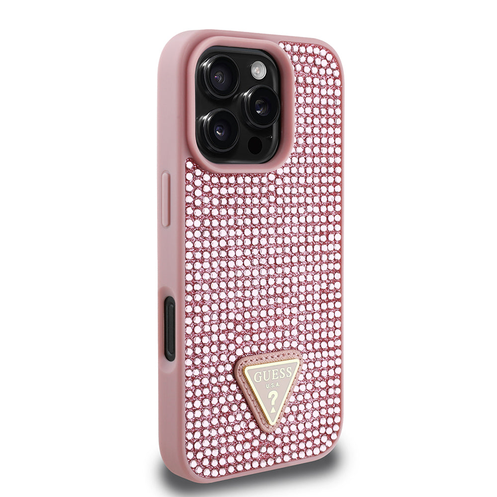 Apple iPhone 16 Pro Kılıf Guess Üçgen Logolu Rhinestone Taşlı Kapak Pembe