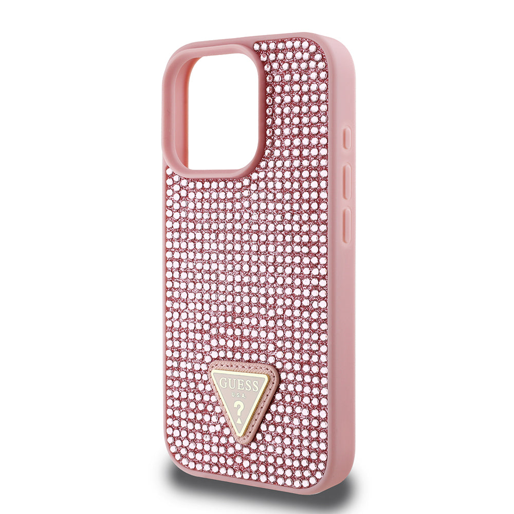 Apple iPhone 16 Pro Kılıf Guess Üçgen Logolu Rhinestone Taşlı Kapak Pembe