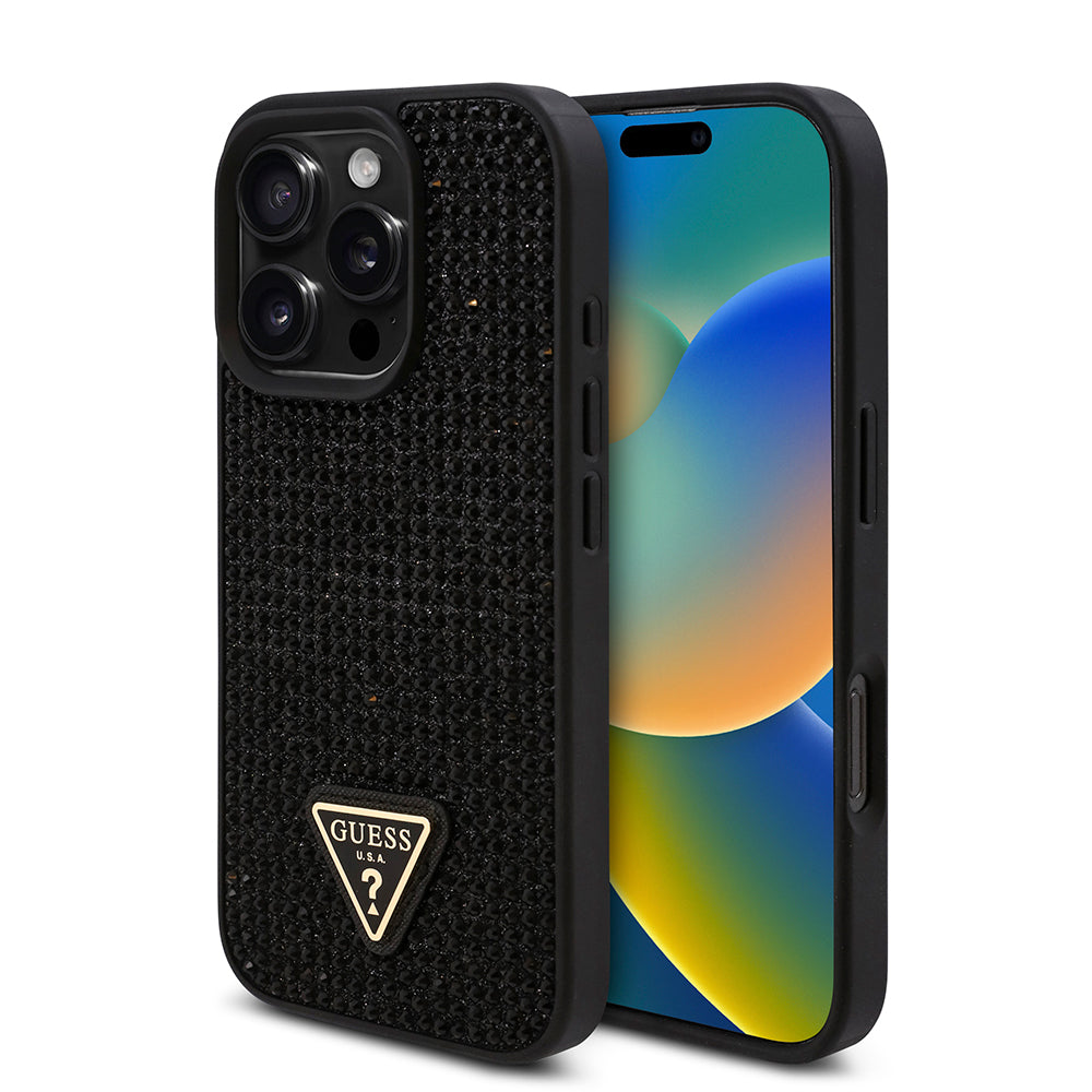 Apple iPhone 16 Pro Kılıf Guess Üçgen Logolu Rhinestone Taşlı Kapak Siyah