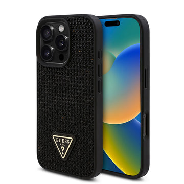Apple iPhone 16 Pro Kılıf Guess Üçgen Logolu Rhinestone Taşlı Kapak Siyah