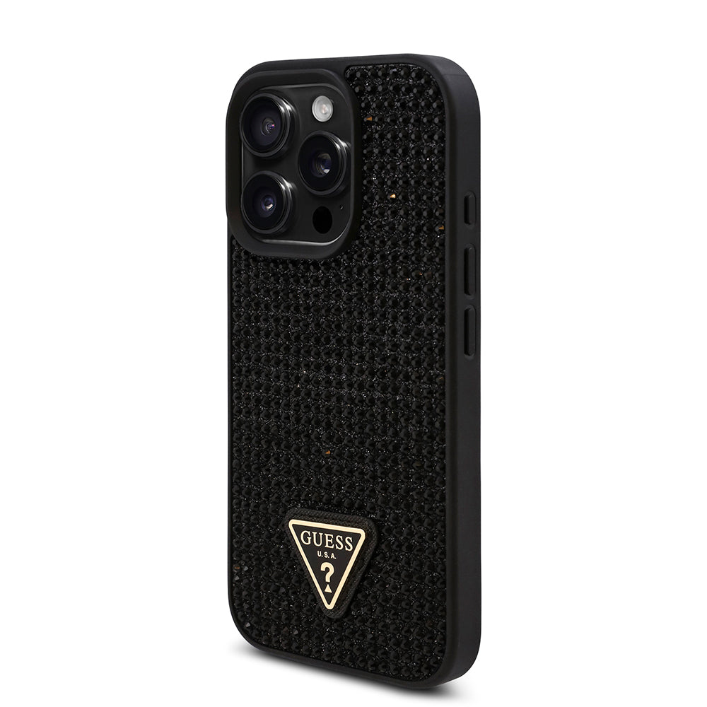 Apple iPhone 16 Pro Kılıf Guess Üçgen Logolu Rhinestone Taşlı Kapak Siyah
