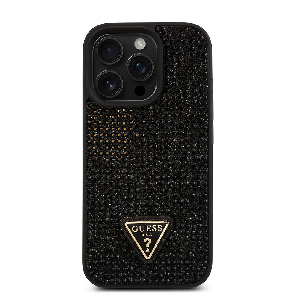 Apple iPhone 16 Pro Kılıf Guess Üçgen Logolu Rhinestone Taşlı Kapak Siyah