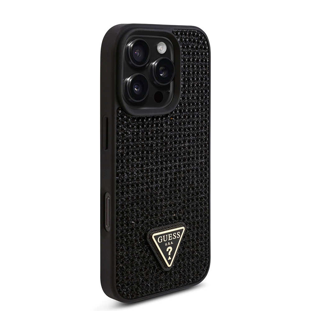 Apple iPhone 16 Pro Kılıf Guess Üçgen Logolu Rhinestone Taşlı Kapak Siyah