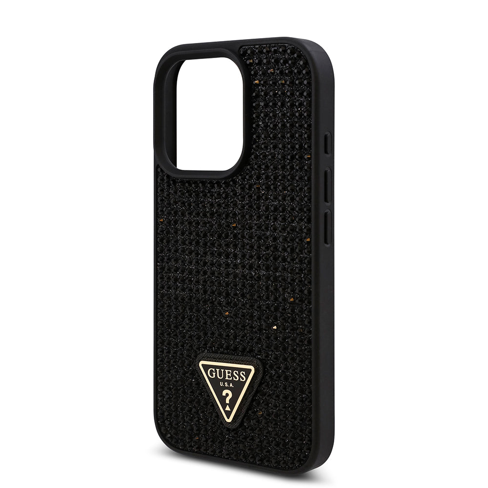 Apple iPhone 16 Pro Kılıf Guess Üçgen Logolu Rhinestone Taşlı Kapak Siyah
