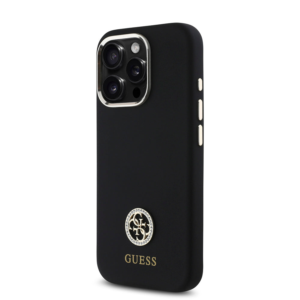 Apple iPhone 16 Pro Max Kılıf Guess Yazı ve Taşlı 4G Logolu Metal Kamera Çerçeveli Silikon Kapak Siyah