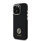 Apple iPhone 16 Pro Max Kılıf Guess Yazı ve Taşlı 4G Logolu Metal Kamera Çerçeveli Silikon Kapak Siyah