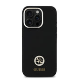 Apple iPhone 16 Pro Max Kılıf Guess Yazı ve Taşlı 4G Logolu Metal Kamera Çerçeveli Silikon Kapak Siyah