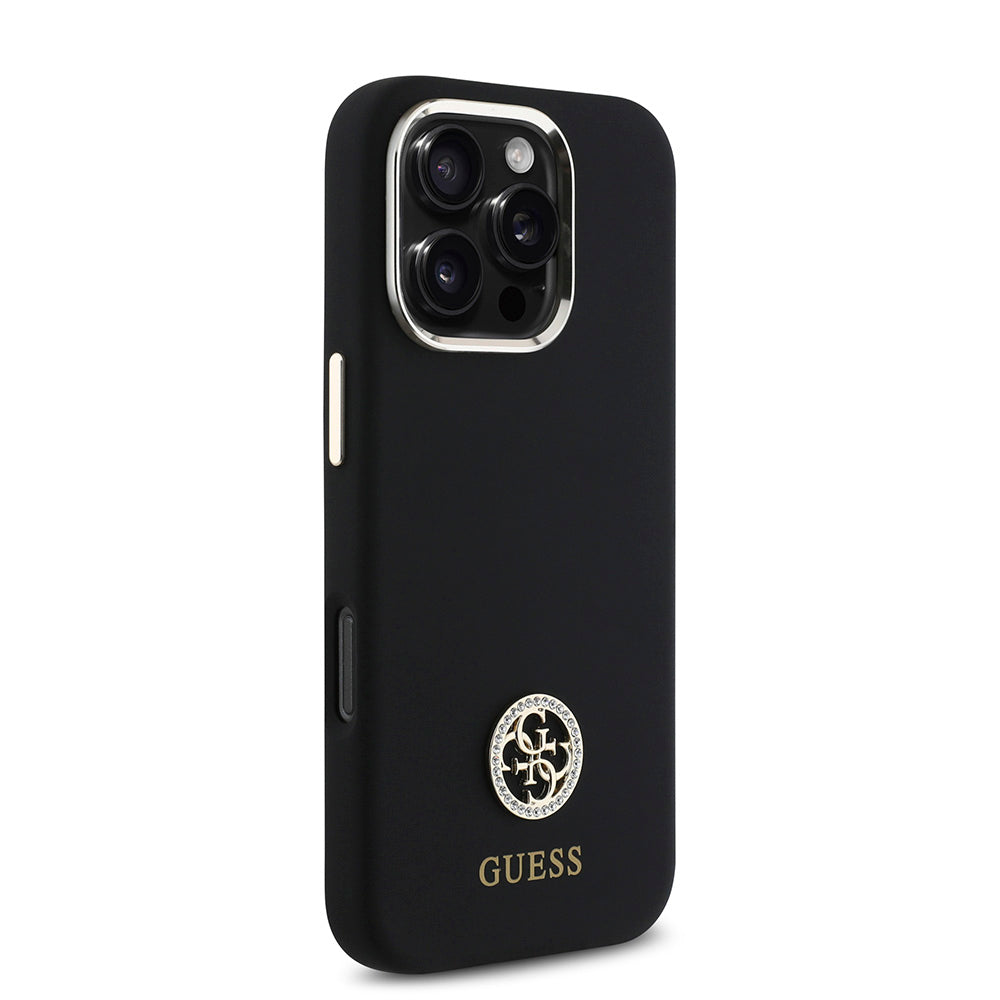 Apple iPhone 16 Pro Max Kılıf Guess Yazı ve Taşlı 4G Logolu Metal Kamera Çerçeveli Silikon Kapak Siyah