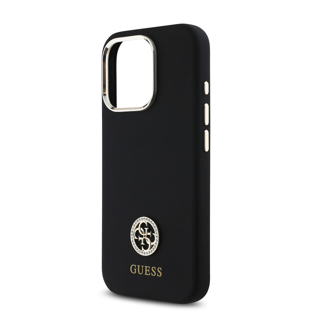 Apple iPhone 16 Pro Max Kılıf Guess Yazı ve Taşlı 4G Logolu Metal Kamera Çerçeveli Silikon Kapak Siyah