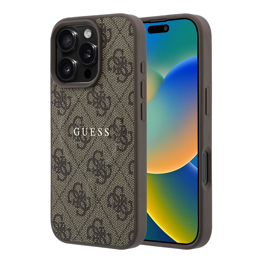 Apple iPhone 16 Pro Max Kılıf Guess M-safe Kabartmalı 4G Desenli Yazı Logolu Kapak Kahverengi