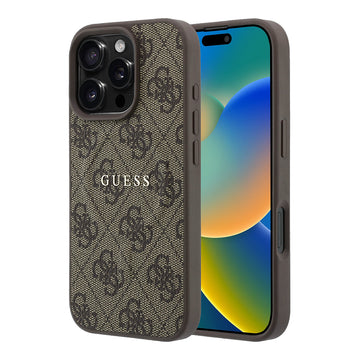 Apple iPhone 16 Pro Max Kılıf Guess M-safe Kabartmalı 4G Desenli Yazı Logolu Kapak Kahverengi
