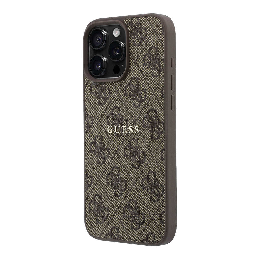 Apple iPhone 16 Pro Max Kılıf Guess M-safe Kabartmalı 4G Desenli Yazı Logolu Kapak Kahverengi