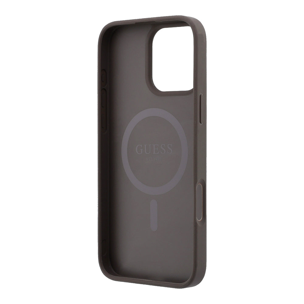 Apple iPhone 16 Pro Max Kılıf Guess M-safe Kabartmalı 4G Desenli Yazı Logolu Kapak Kahverengi
