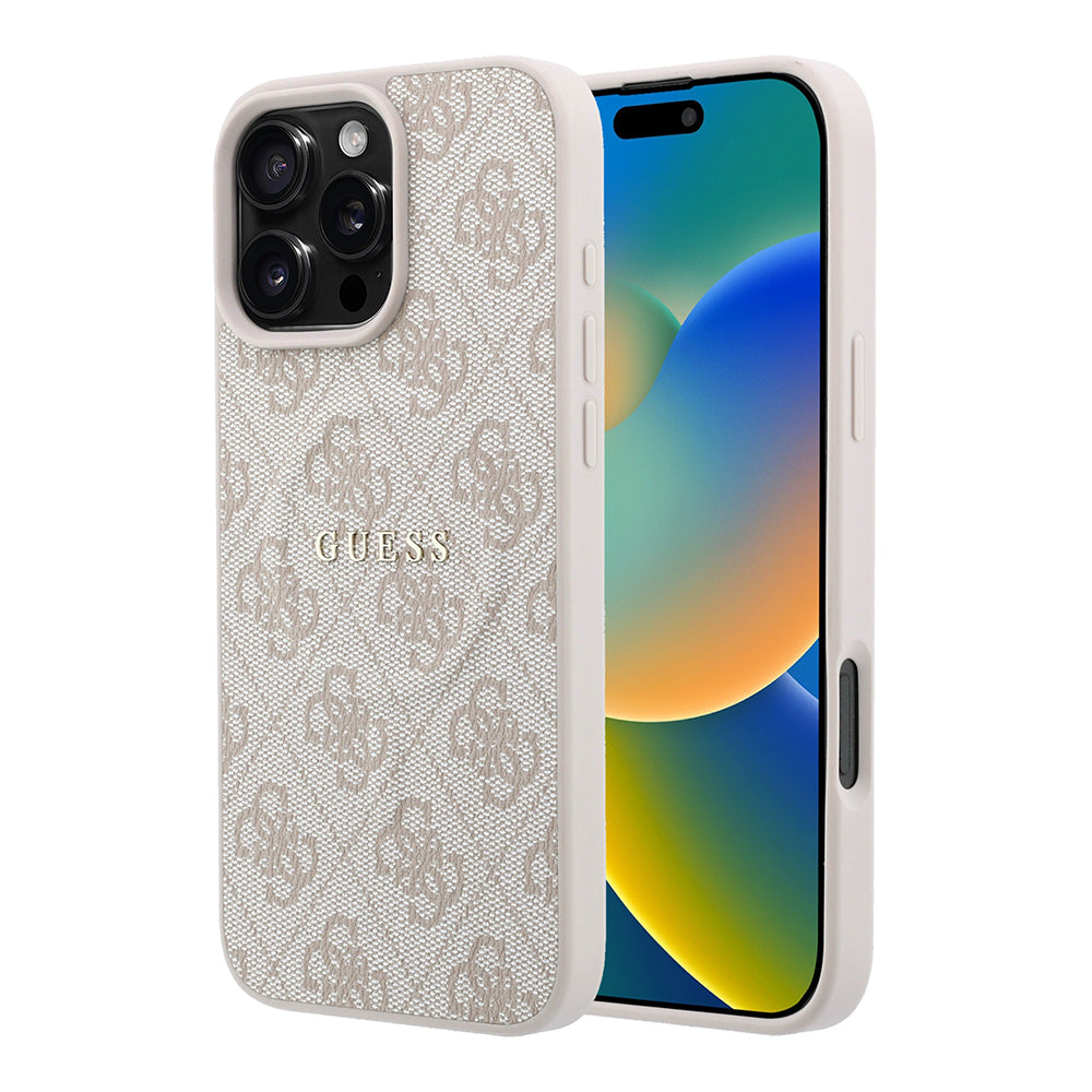 Apple iPhone 16 Pro Max Kılıf Guess M-safe Kabartmalı 4G Desenli Yazı Logolu Kapak Pembe