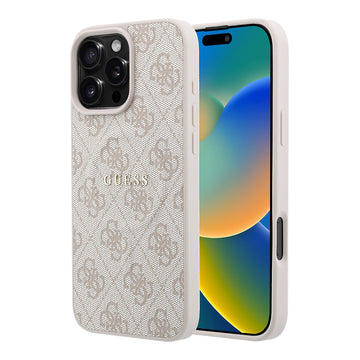 Apple iPhone 16 Pro Max Kılıf Guess M-safe Kabartmalı 4G Desenli Yazı Logolu Kapak Pembe